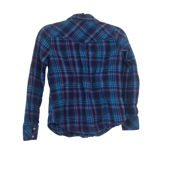 Y2K Decree Plaid Snap Button Down Shirt Size M Blue Grunge Western Cowgirl Rodeo - Picture 2 of 9